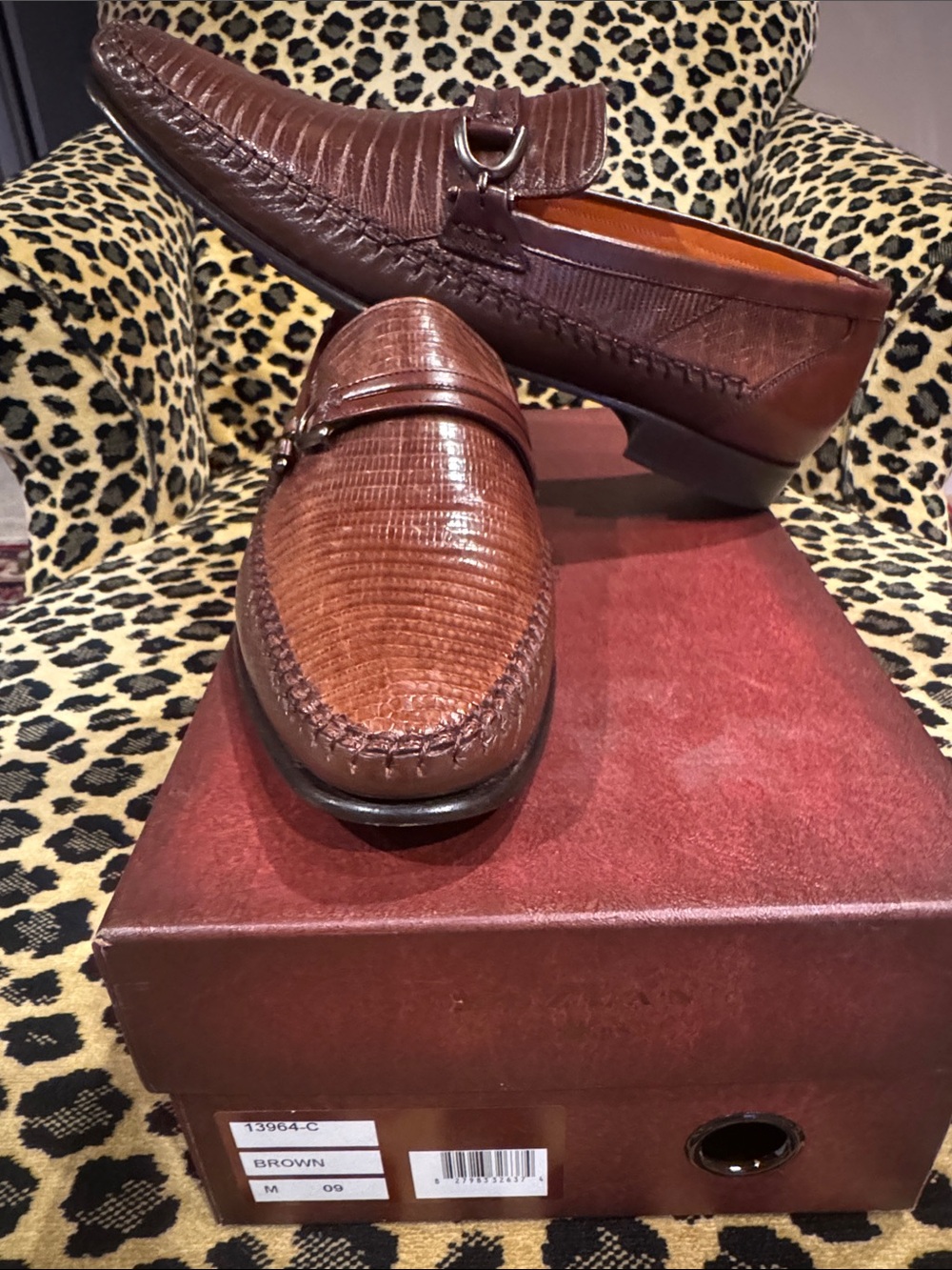 Mezlan Cognac Brown Textured Leather Lizard Bit Loafers